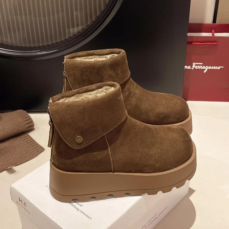 Fashion Winter New Thick Sole Cotton Boots Women's Fashion Round Head Suede Back Zipper Anti-slip Wear-resistant Short Boots