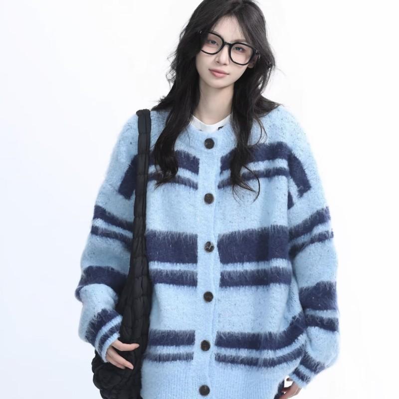 Unisex Oversized Knit Cardigan Sweater Striped Casual Long Sleeve Fall Outerwear Teens