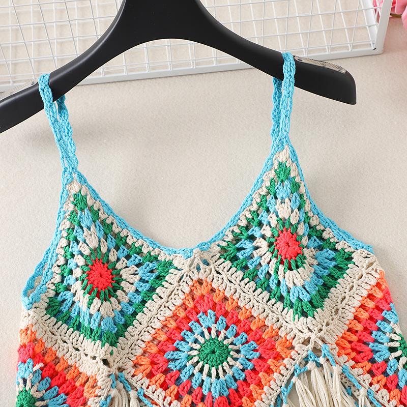 Summer Women's Camisole Ethnic Style Halter Pure Handmade Crochet Top Halter Bohemian Tassel Travel Holiday Vest