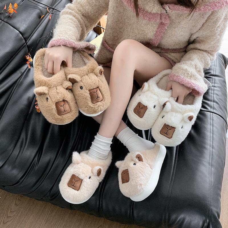 Women's Baotou plush slippers cartoon padded warm winter thick bottom heightened home slippers casual walking indoor shoes snow cotton slippers