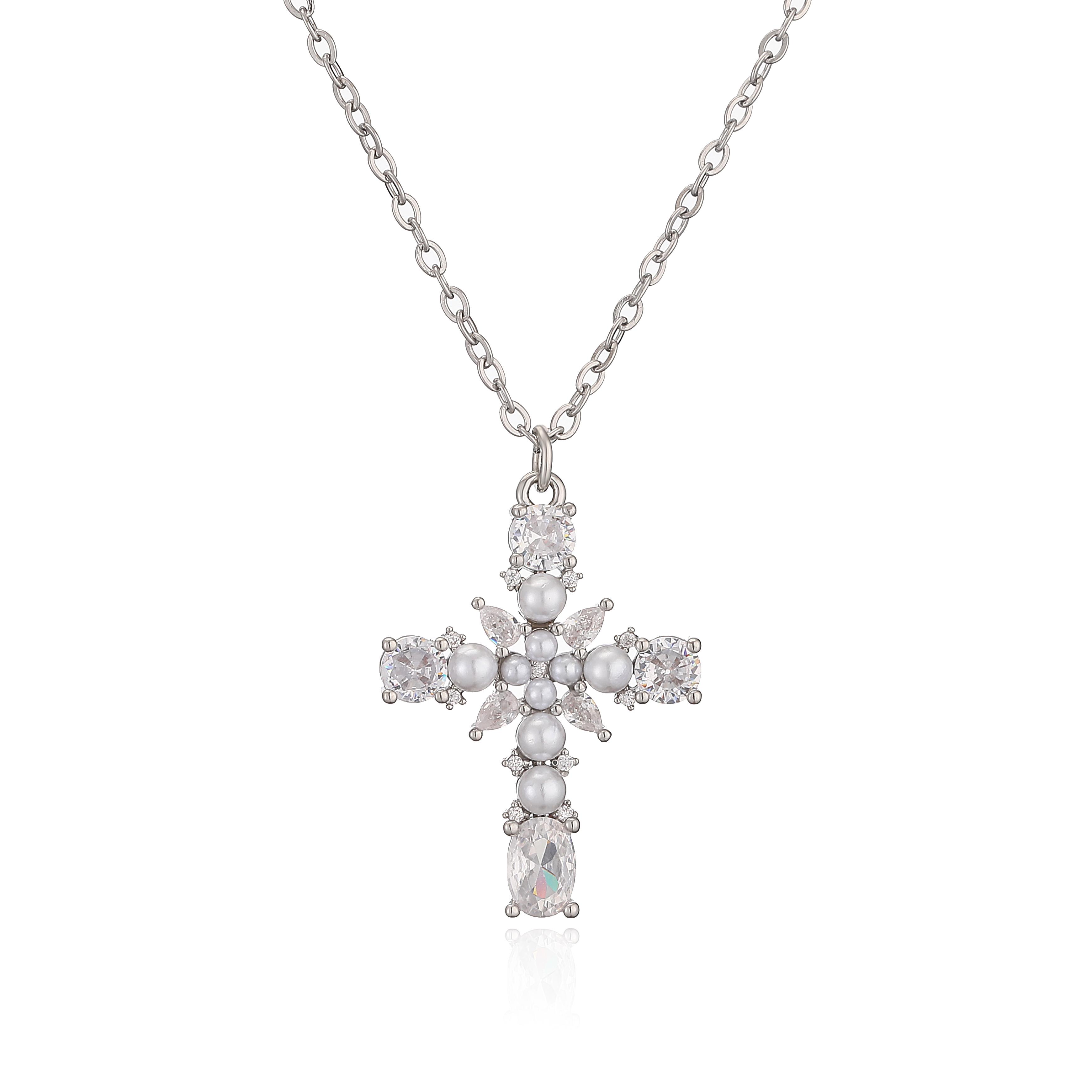 

HECHENG, Zircon Artificial Pearl Cross Pendants Necklace Originality Seal Vintage Sweat Pink Green Stone Necklace 40cm медный/белый