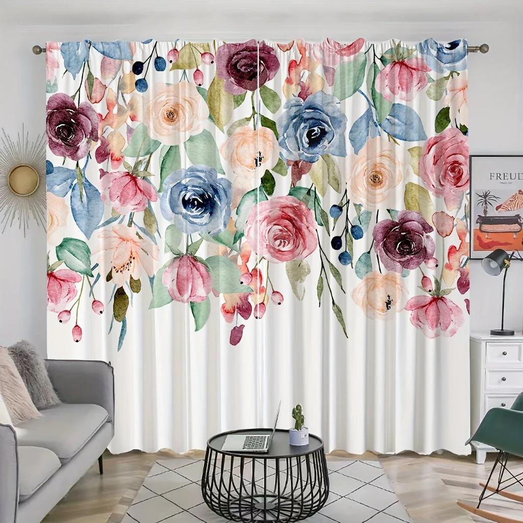 2pcs Wild Flowers Peonies With Watercolor Style Printed Curtains Rod Pocket Curtain  For Living Room Bedroom Windows Home Decor