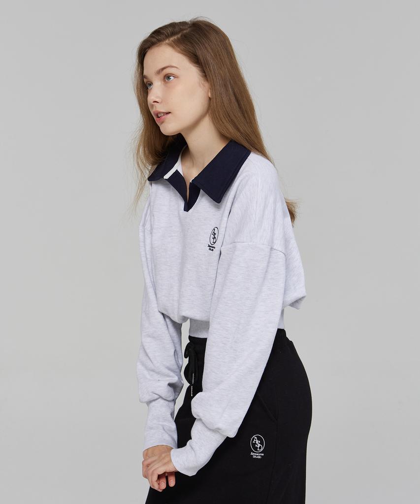 Awesome Studio Women'S Collar Contrast Crop Sweatshirt Grey White