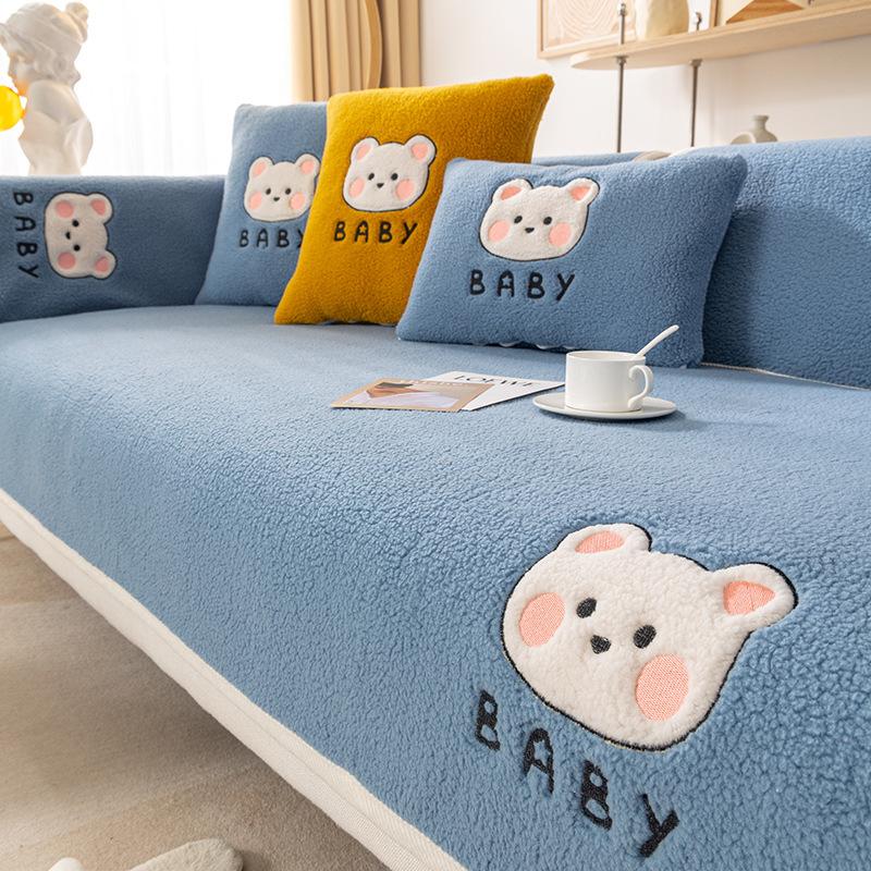 Lamb's Wool Warm Velvet Sofa Cushion Winter Thickened Plush Cartoon Embroidery Sofa Cover Decorative Dust Non-Slip Backrest Cove