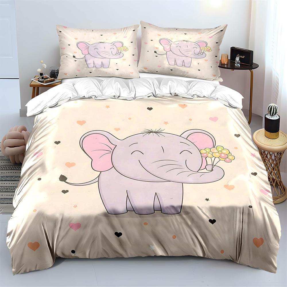 Cute Elephant Holding Flowers Print Bedding Set 1 Duvet Cover 2 Pillowcases For Adult And Children Luxury Gift Full Size