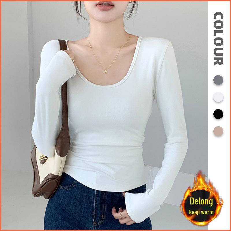 Women's Slim Fit U-Neck Ruched Long Sleeve Top - Autumn/Winter Style