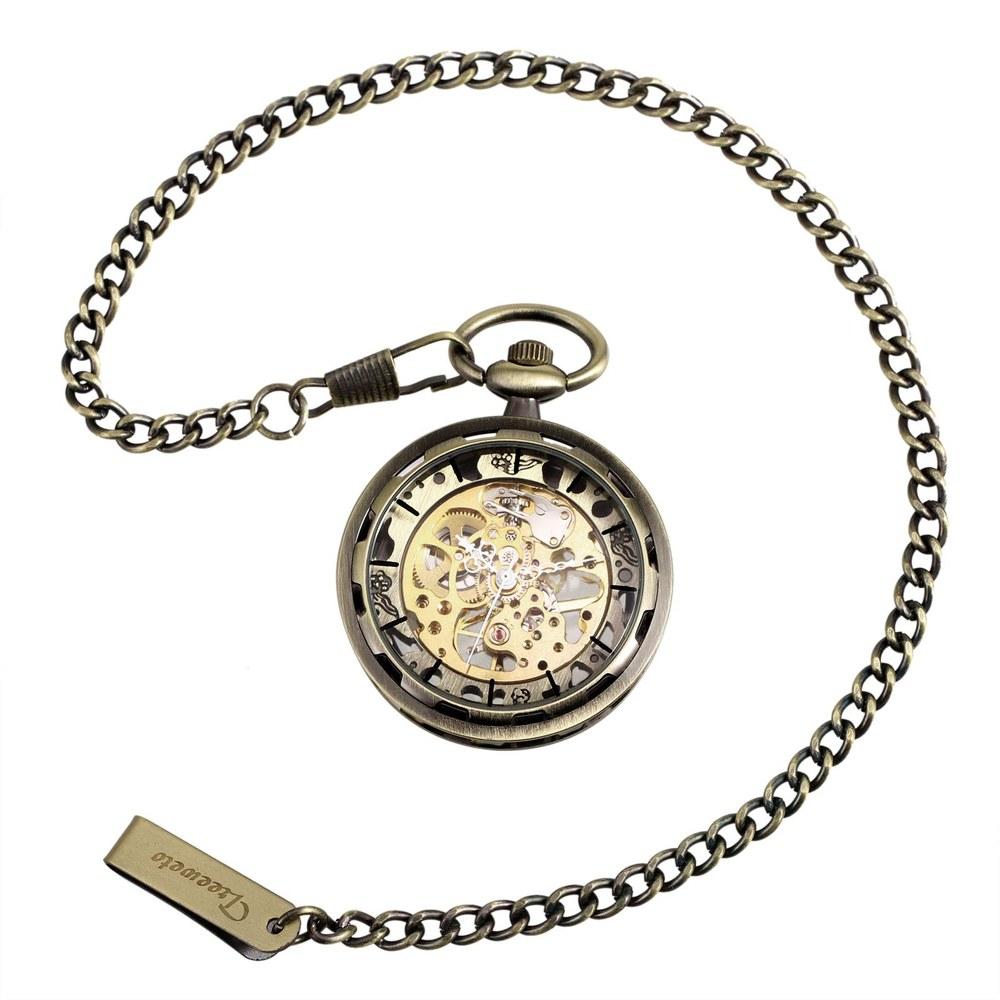 TREEWETO Pocket Watch Hand Wind Antique Mechanical Skeleton Chain Men's Bronze