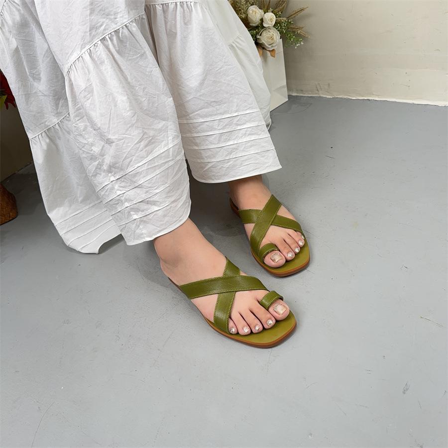 Johnature Flat Bottom Slippers Fashionable Rubber Anti Slip Comfortable Genuine Leather Women's Outdoor Slippers