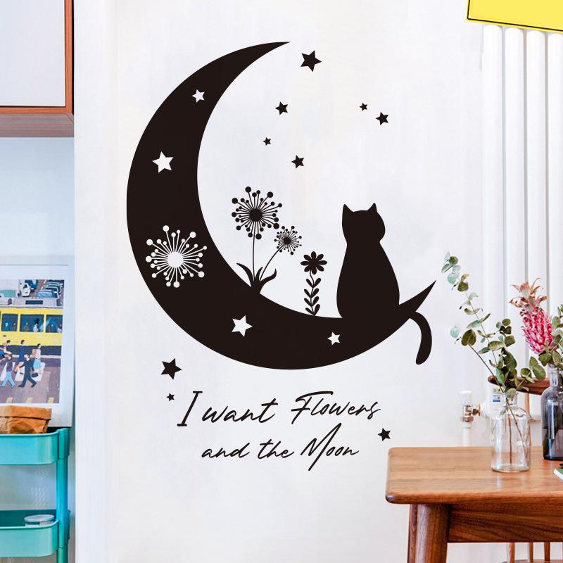 Black Moon Cat Wall Stickers Stars Home Bedroom Decor Peel and Stick Wall Art Removable Vinyl Decals for Room Beautification