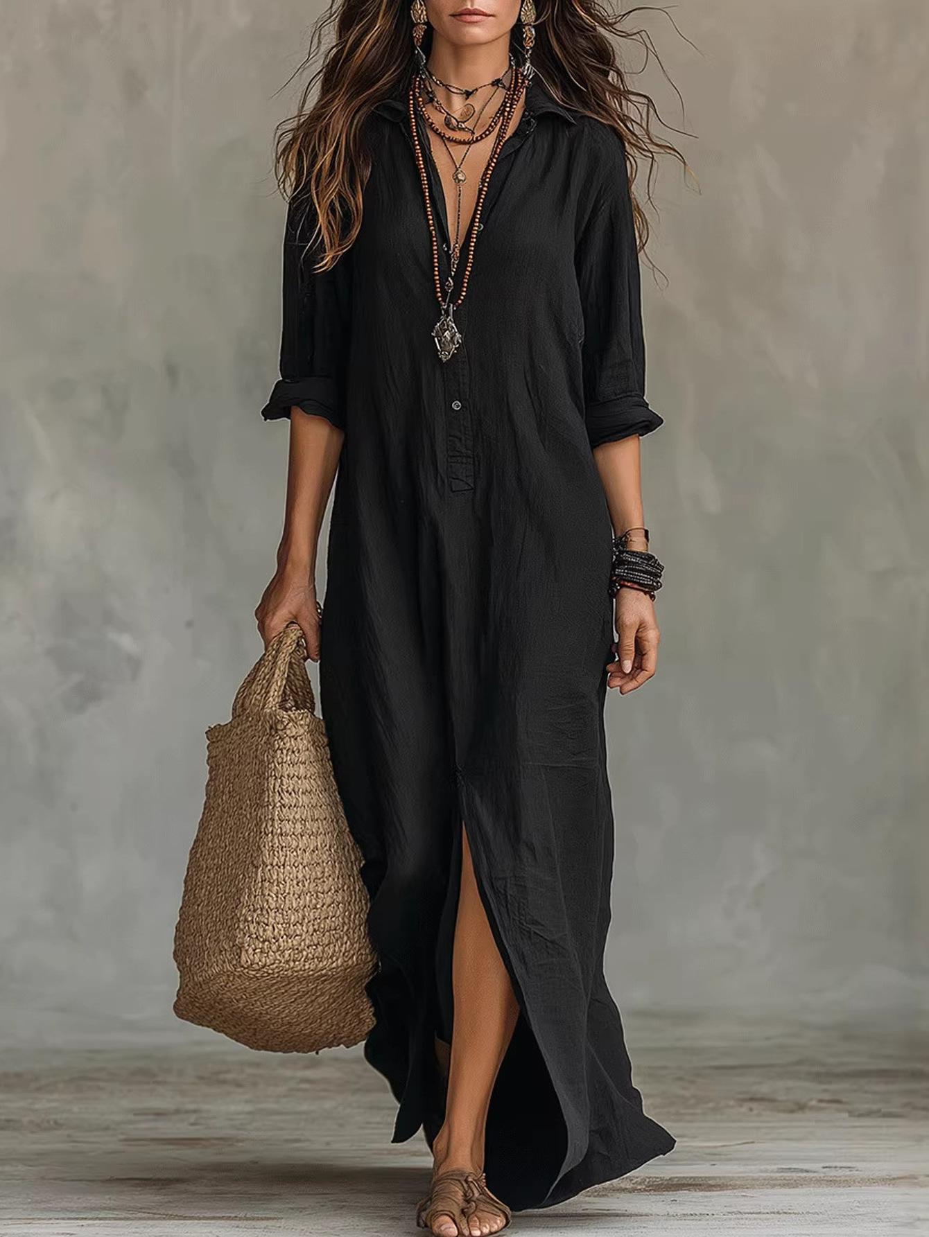 2026 spring and summer cross-border casual solid color lapel front split long dress cross-border loose dress S чёрный