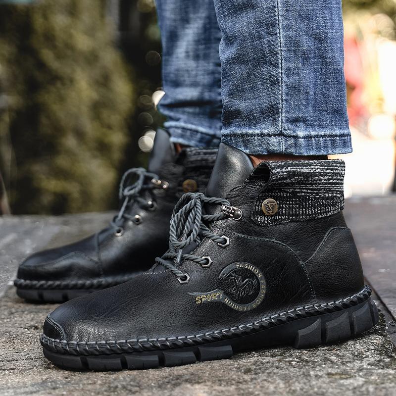 

Высокие ботинки Мужская кожаная обувь Модная уличная обувь до щиколотки для мужчин На шнуровке Удобные мужские ботинки Нескользящие ботинки на плоской подошве Боты 38 чёрный