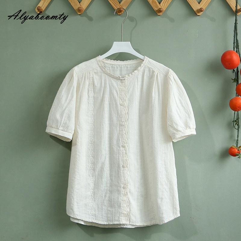 

Korean Style Summer Women Sweet Blouse O Neck Embroidery Cotton Shirt White Beige Black Short Sleeve Solid Elegant Ladies Blouse XXL бежевий