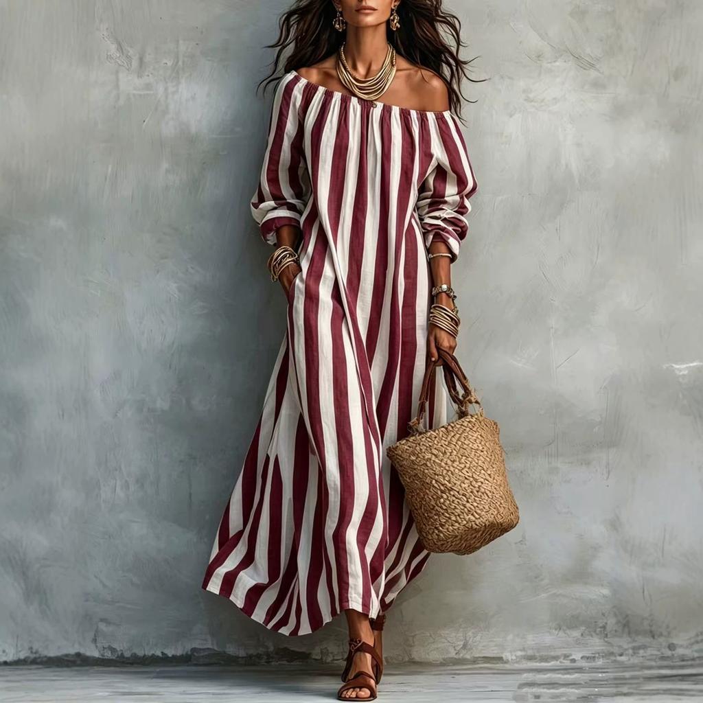 2026 Autumn New Striped Shoulder European and American Women's Clothing Popular Station Holiday Dress