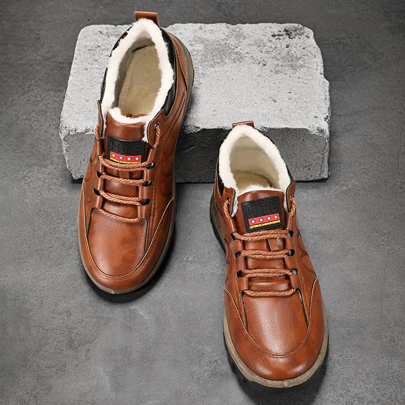 Leather Shoes Casual Sneaker Round Toe Winter Boots for Men Fashion Non-slip Shoes Velvet Men's Casual Shoes Height Increasing