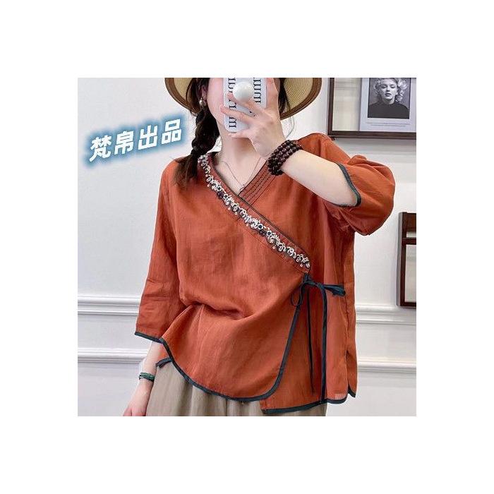 2023 Ethnic Retro Chinese Embroidered Ramie Shirt—Women's Loose Oblique Collar Top for Tea Ceremony