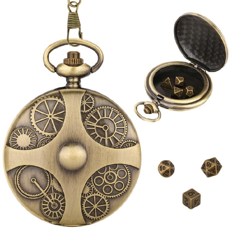 Unique Pocket Watch Case with 7pcs/set Metal Polyhedral Dices Pendant Fob Chain