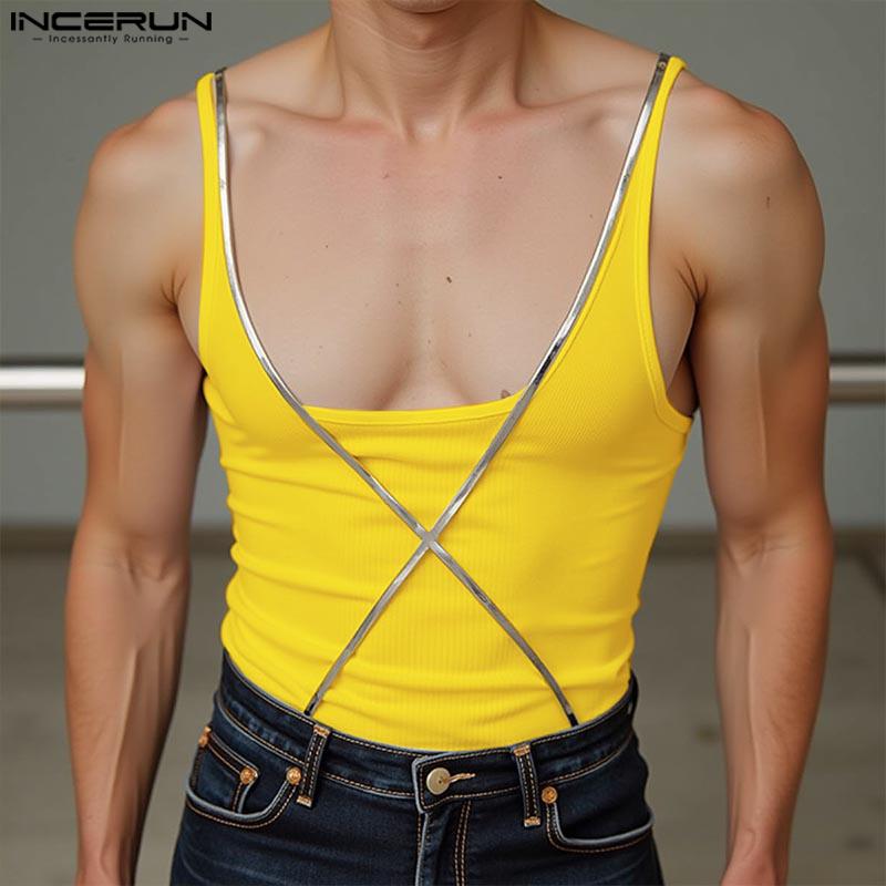 INCERUN Men Summer Strap Sleeveless Cross Patchwork Casual Fitted Tank Tops