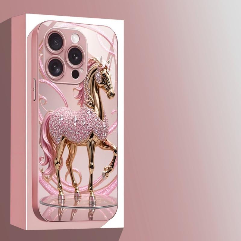 Pink Crystal War Horse Pattern Metallic Tempered Glass Phone Case For iPhone 17 Pro Max 16 15 14 13 12 11 16E Air 14 Plus Cover