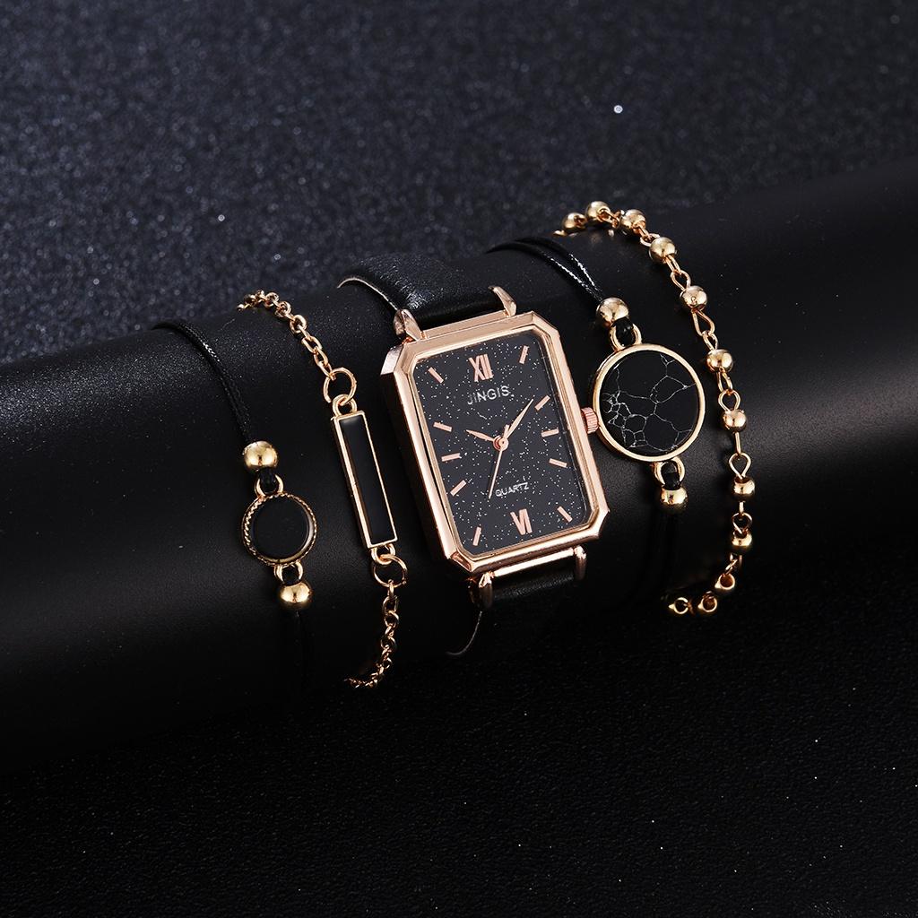 (Armband inklusive) Damenuhr mit quadratischem Zifferblatt und Lederarmband