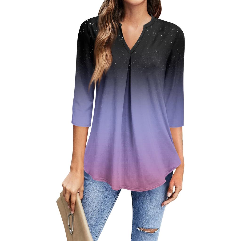 Women's Fashion Casual Three-Quarter Sleeve T-Shirt Printed V-Neck Top