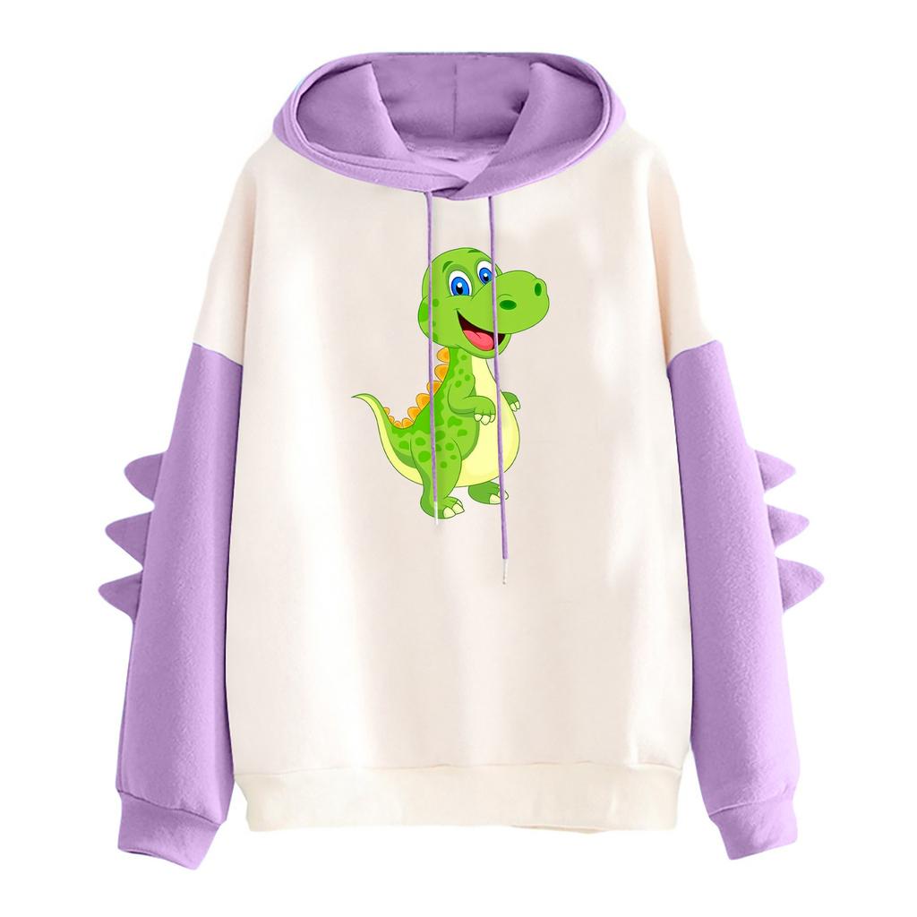 Women's Printed Contrasting Dinosaur Loose Casual Hoodie
