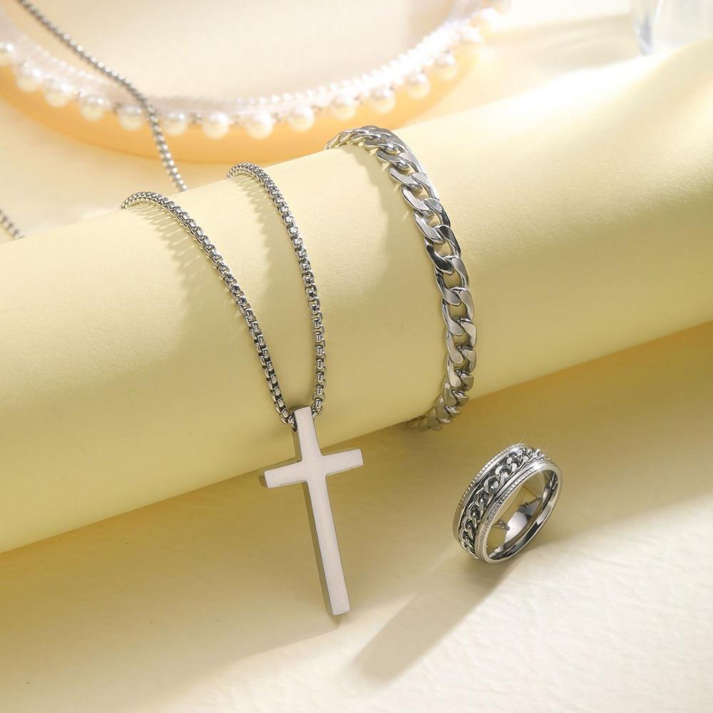 3pcs Set Punk Style Dark Stainless Steel Cross Necklace Bracelet Rings Set for Men Personality Hip Hop Rock Jewelry Set Gift