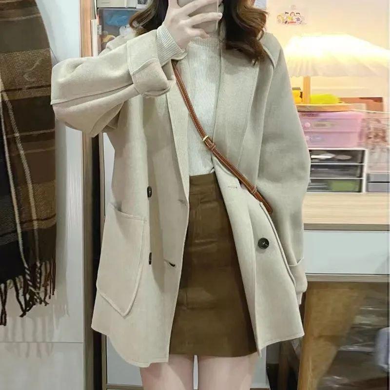 Women's Korean-Style Woolen Lapel Coat – Small Size, Loose Fit, Versatile for Spring & Autumn 2024