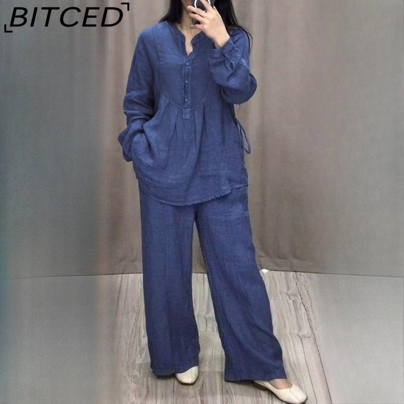 BITCED Autumn Fashion Comfortable Cotton-Linen Blend Long-Sleeve Half-Buttoned Casual Drawstring Wide-Leg Pants Set