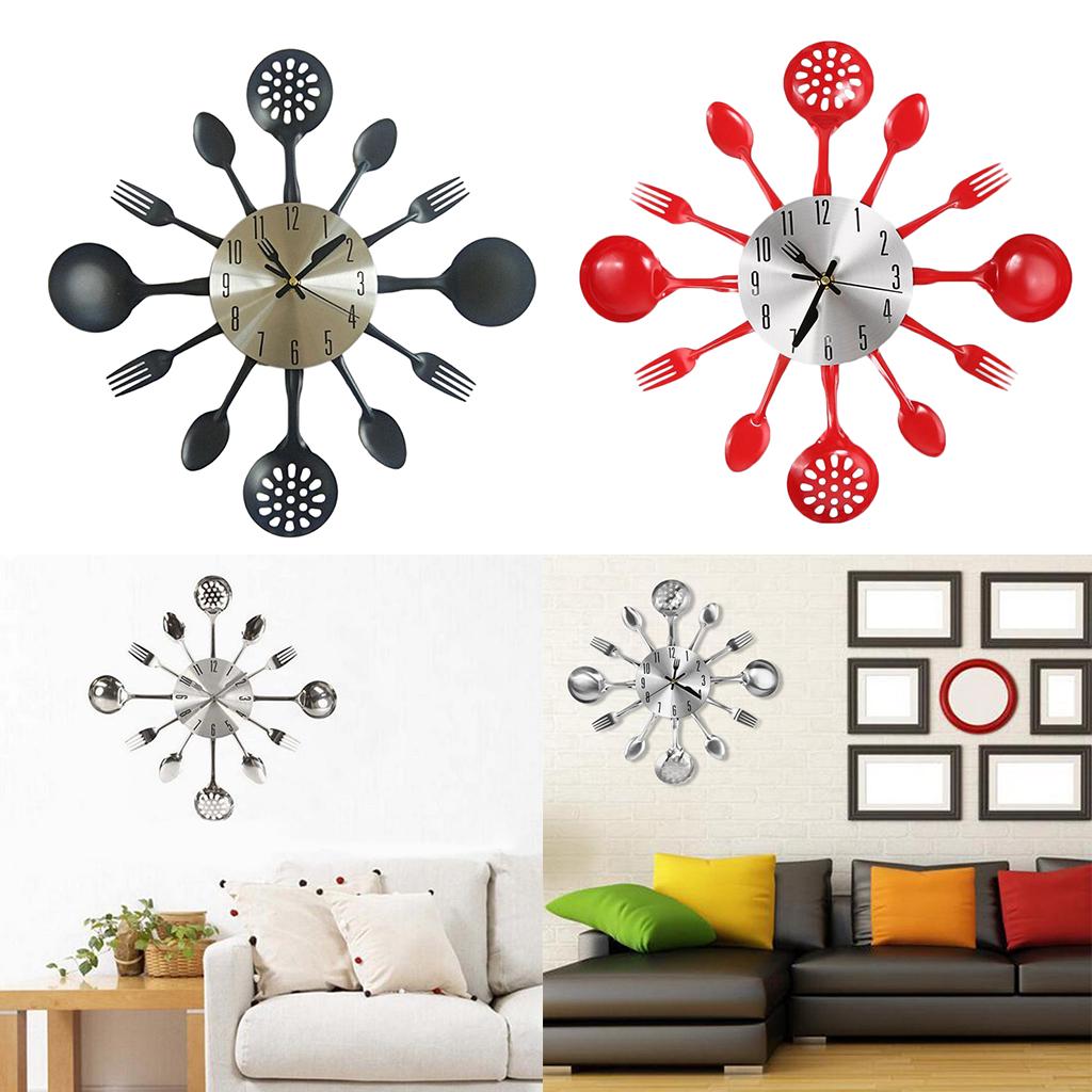 Wall Clock with 3, Fork, Cutlery Design , Black