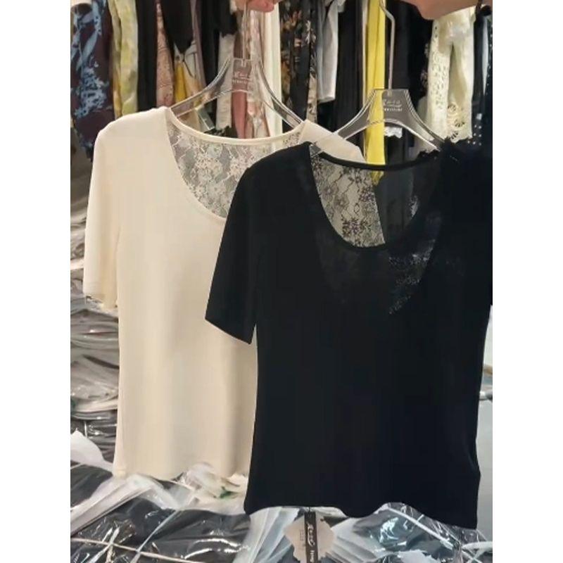 Plaid into the Skin! Elegant Women's Tencel Cotton Beaded Short Sleeve Pullover Pure Color Series T-shirt Summer Floral Lace