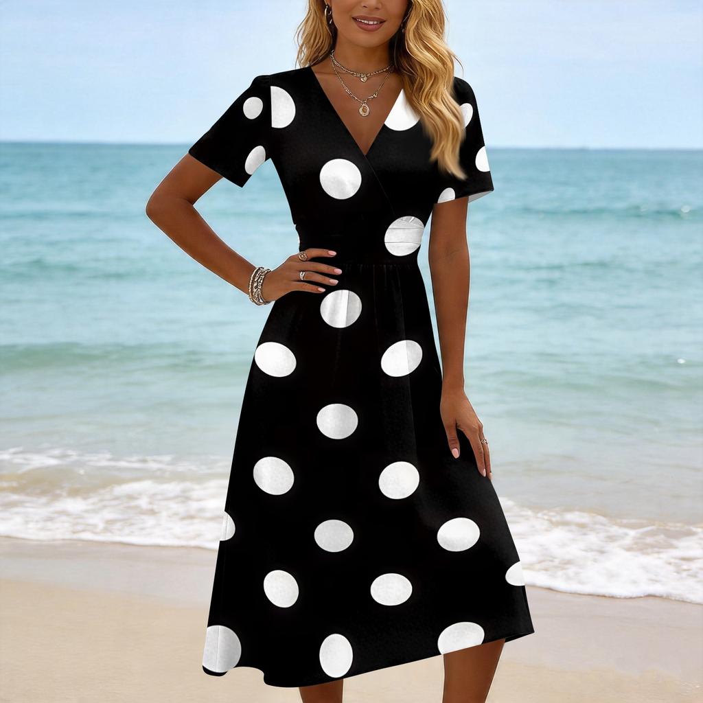Women Casual Polka Dot Print V Neck Short Sleeve Midi Dress Loose Fit Summer Fashion Lightweight Dress for Daily Wear