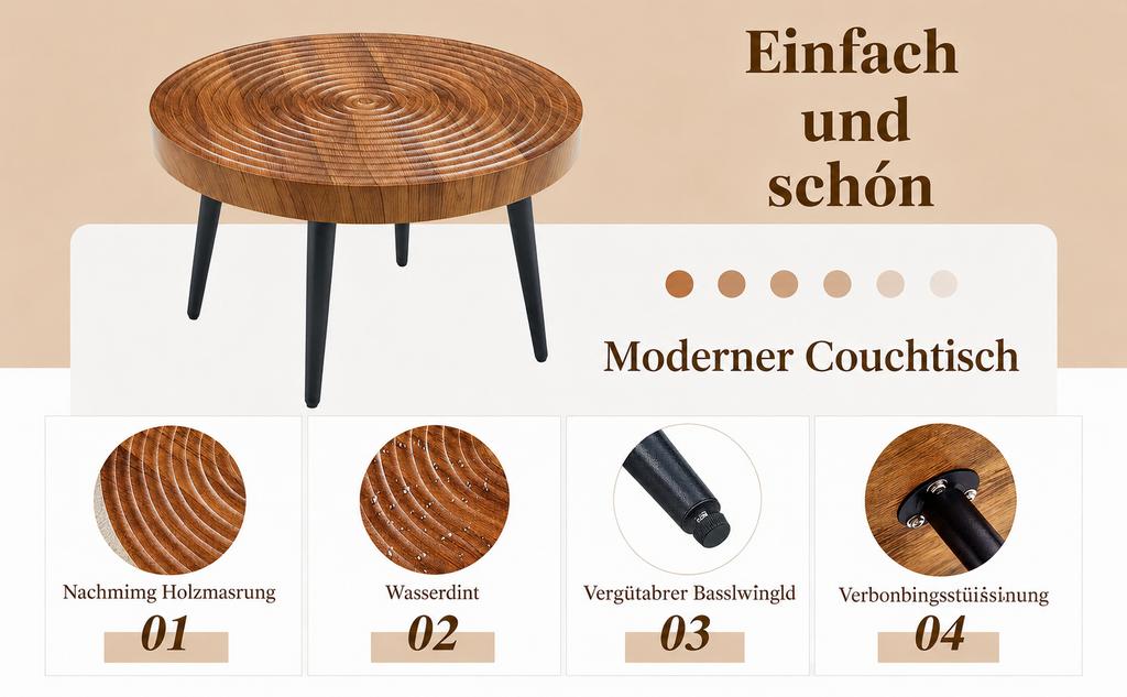 Round, Ginger-colored Coffee Table with Walnut Grain and Growth Rings, Reinforced Tabletop and Slim Black Metal Legs; Side Table for Small Apartments