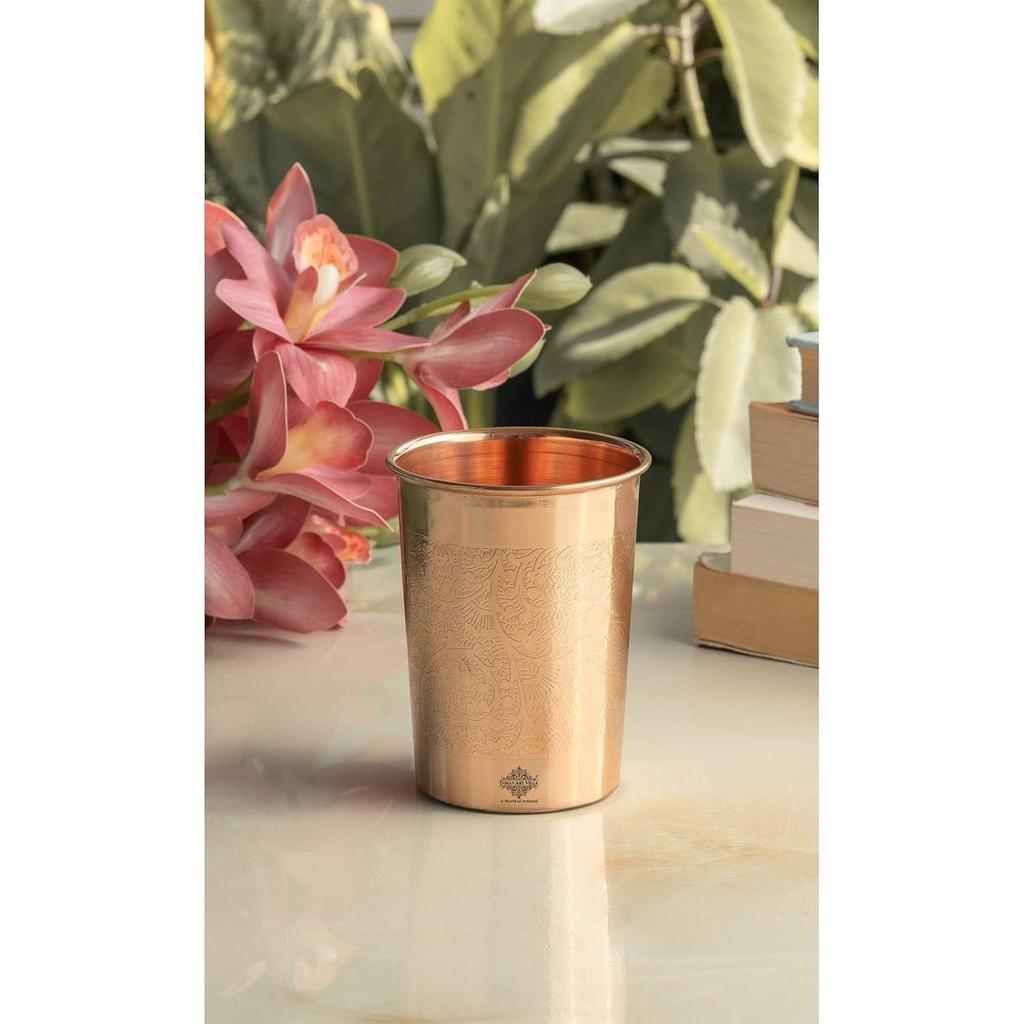 Pure Copper Embossed Design Glass - 275 ML, Copper Tumbler for Water Drinking, Elegant Drinkware & Serveware, Set of 6