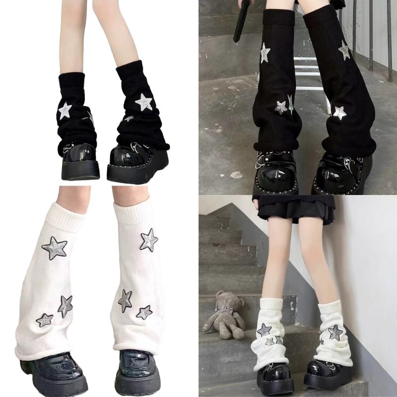 Pierneras Lolita para Niñas Y2K Estrella Tejidas Mangas de Pierna Acampanadas Puño Holgado Gótico Calcetines Tobillo Montón Cubre Pies Uniforme JK