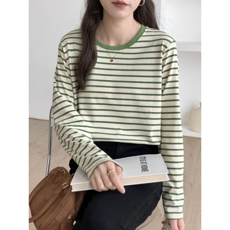 Fruit Green Striped Color Matching Round Neck Long-sleeved T-shirt Women's Spring Loose and Thin Temperament Commuter Bottoming Top