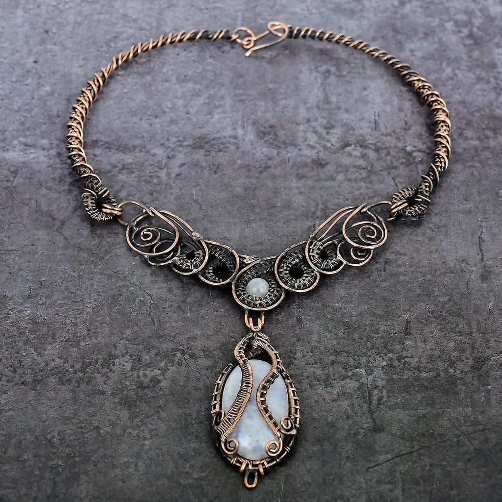 Natural Moonstone Gemstone Handmade Copper Wire Wrap Jewelry Necklace 18" J7e35