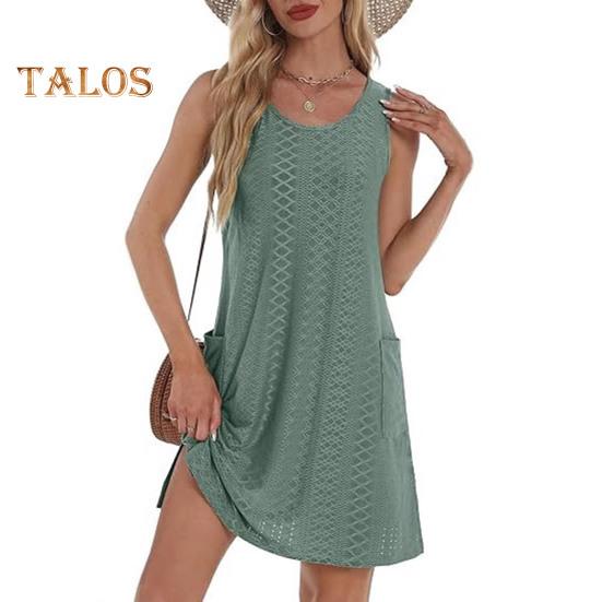 

Летнее гавайское платье с карманами, круглым вырезом, А-силуэта, свободного покроя, без рукавов, с разрезом по низу, повседневное пляжное мини-платье S зелёный