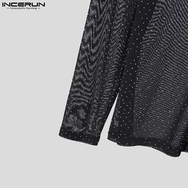 INCERUN Herren Rundhals Langarm Hotfix Strass Mesh Transparent Figurbetont Party T-Shirts