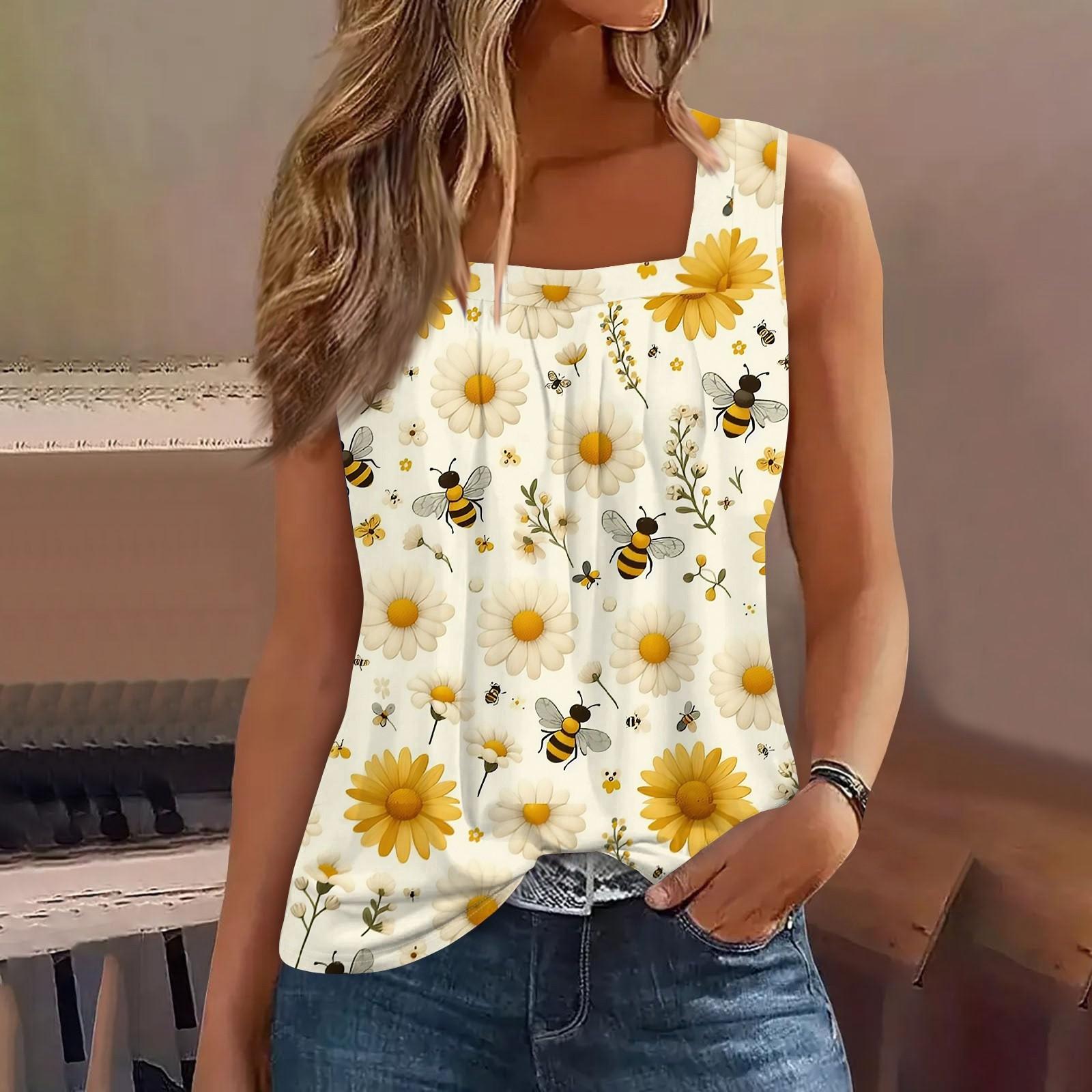 

Женская мода повседневная плиссированная жилетка без рукавов с квадратным воротником и принтом летняя футболка L бежевый