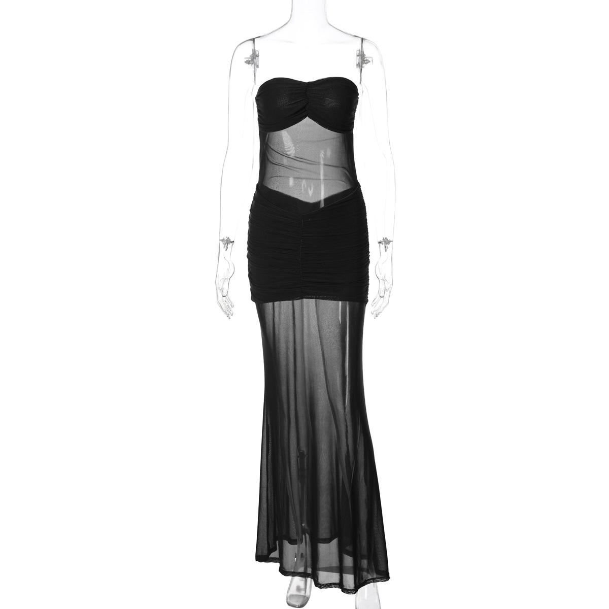 European American Style Mesh Splicing Off Shoulder Strapless High Waist Bodycon Long Dress For Women S