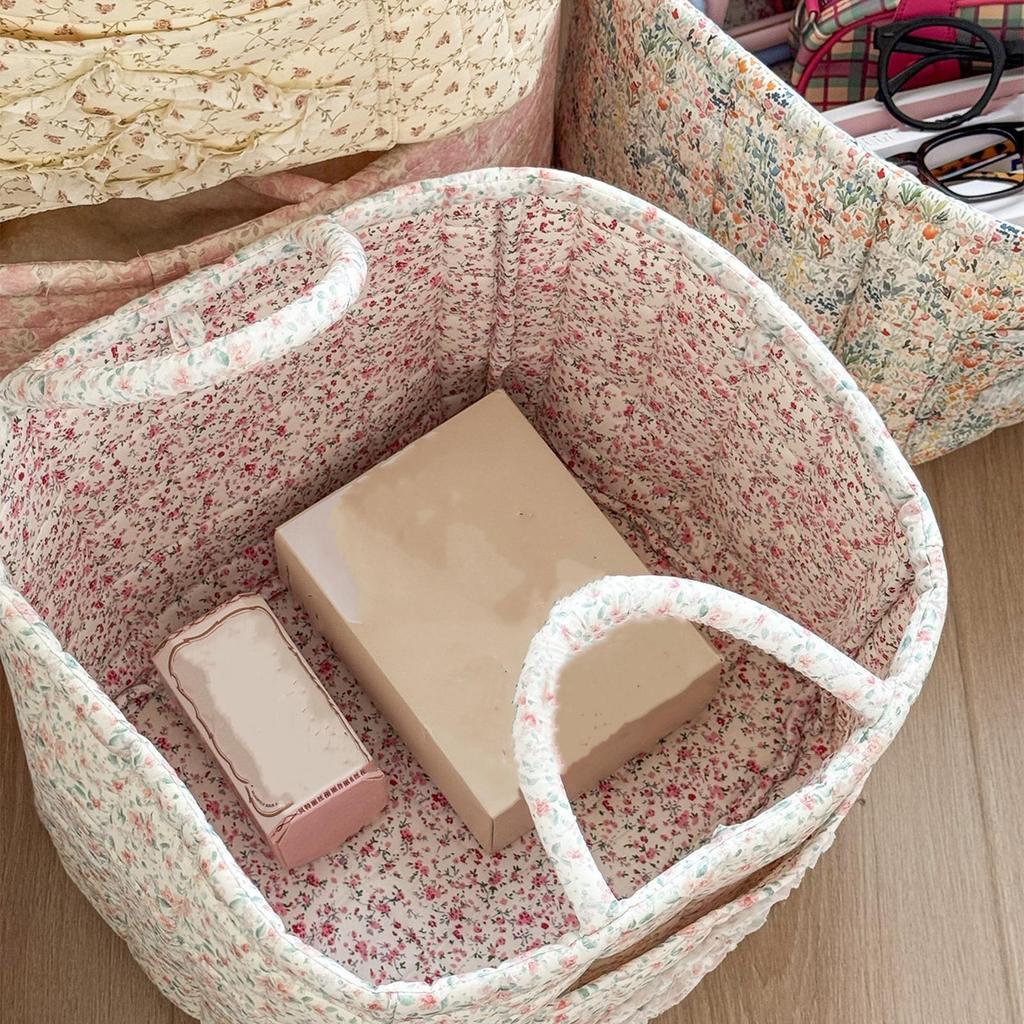 Floral Fabric Baskets for Storage Boho Quilted Tote Storage Organizer Basket with Handles Foldable Storage Basket Organizer
