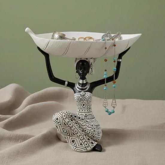 African Woman Figurine with Head Tray, Black & White Tribal Ethnic Pattern Resin Statue, Dual-Function Storage Organizer for Keys Trinkets Snacks,