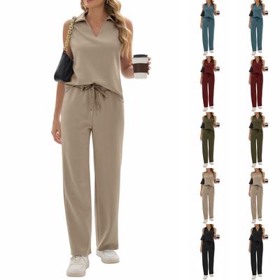 Ladies' Casual Temperament V-neck Casual Top Wide Leg Pants Two-piece Set