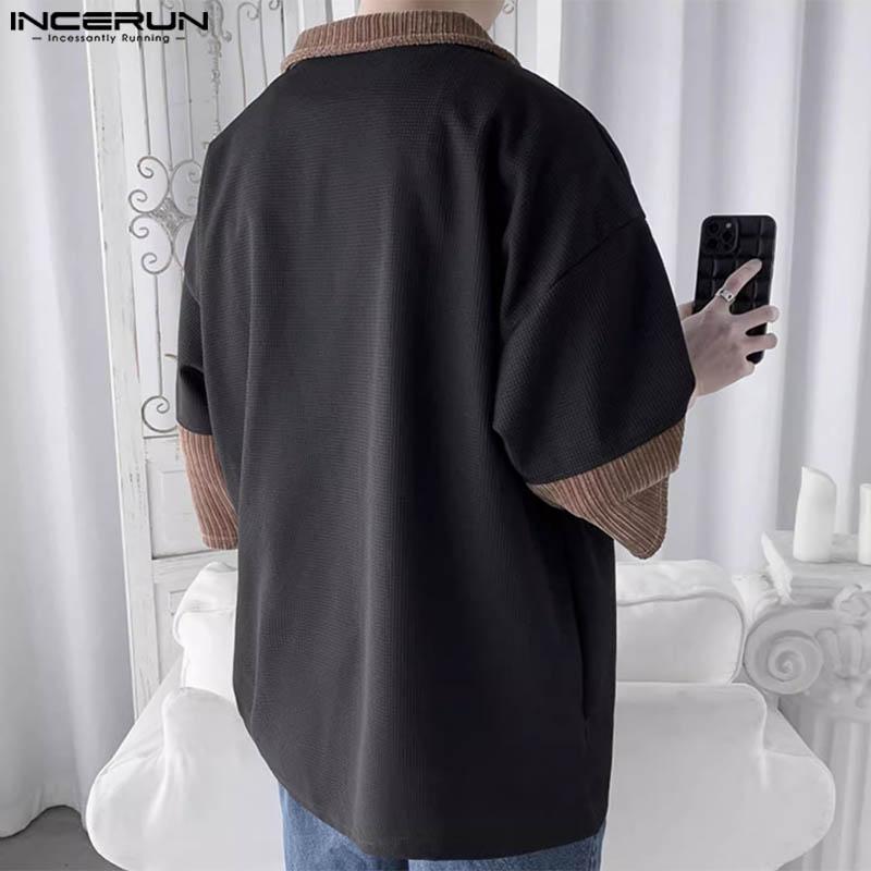 INCERUN Men Oversized Zipper Lapel Half Sleeve Loose Tops Summer Patchwork T-shirts