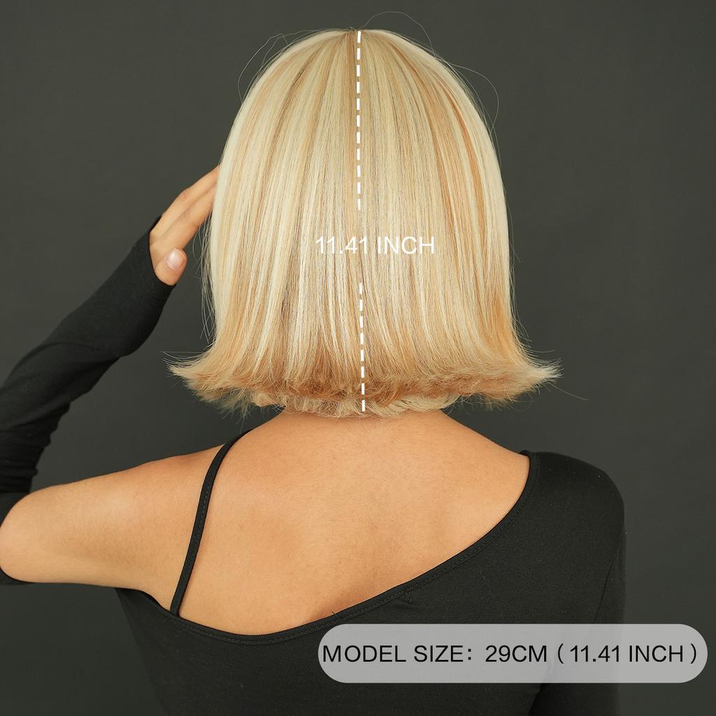 Daily Date Short Straight Synthetic Wigs for Women Blond Beige Bob Wigs with Bangs Cosplay Party Heat Resistant Fake Hair