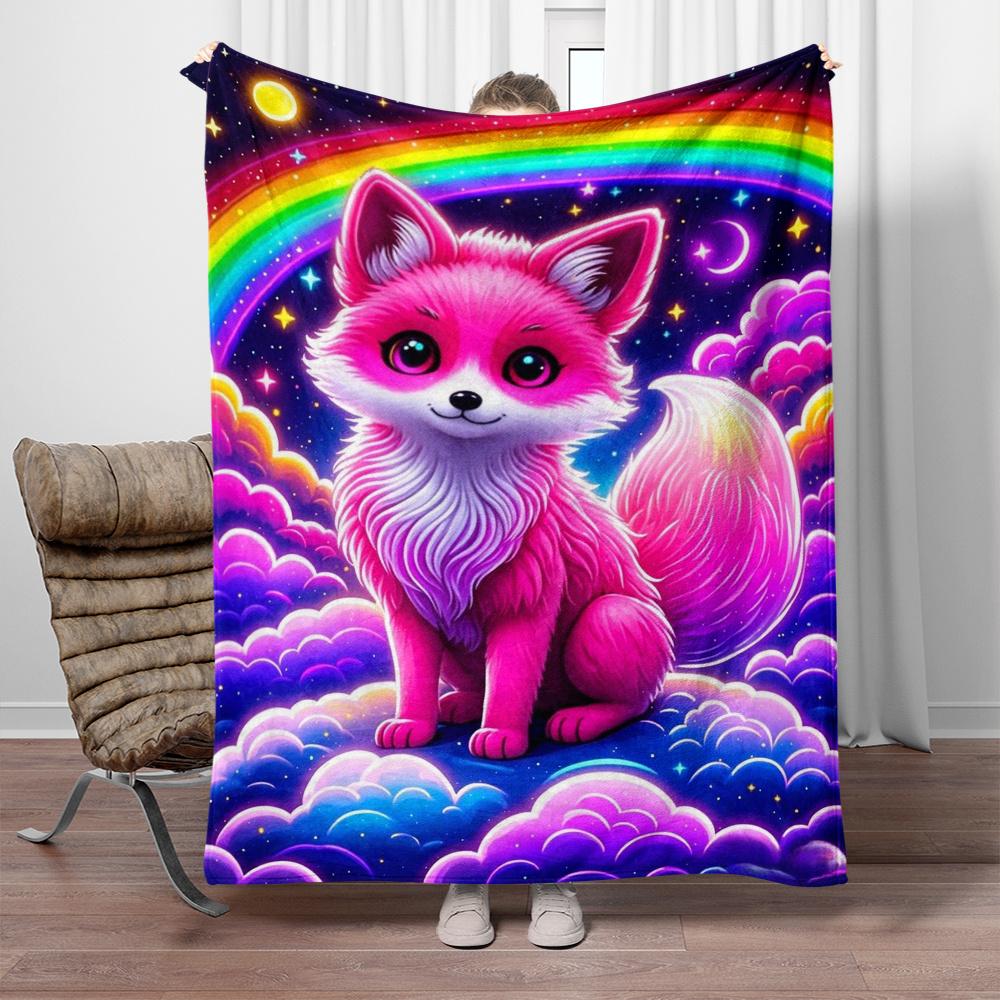 1pc Pink Fox Rainbow Sky Clouds Magical Fantasy Fleece Blanket Soft Cozy Throw for Kids Room Decor Dreamy Animal Gift