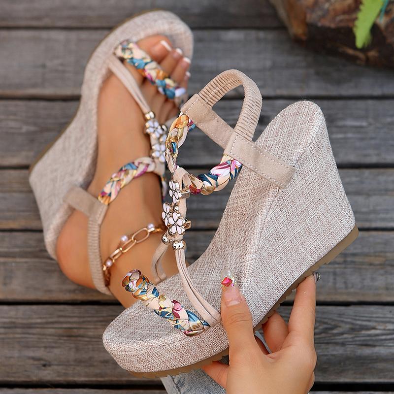 Printed Weaving Wedge Sandals for Women 2025 Summer Thick Bottom Beach Shoes Woman Flower Decor Chunky Platform Sandalias Mujer