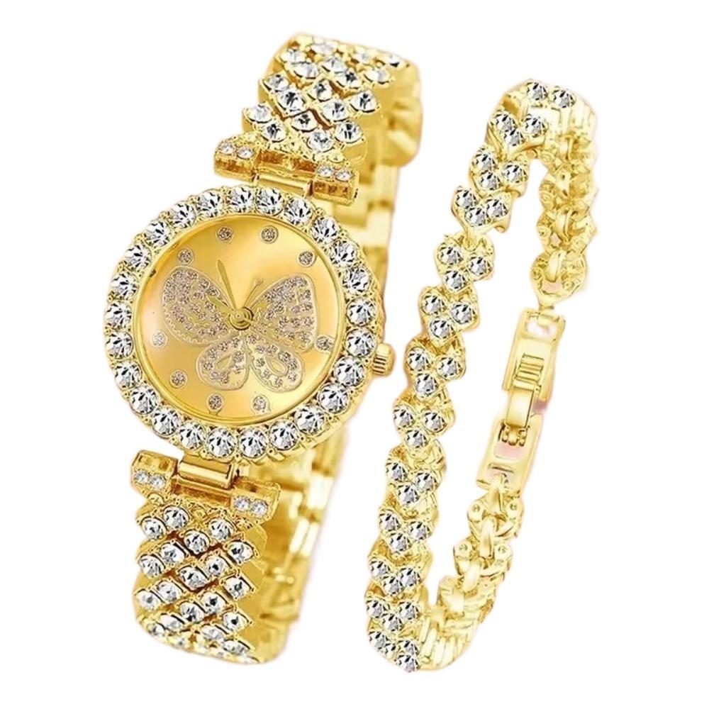 2pcs/Set Elegant Diameter 1.2inch Watch Bracelet Set Digital Scale Steel Strap Dress Watches Diamond Watch Woman