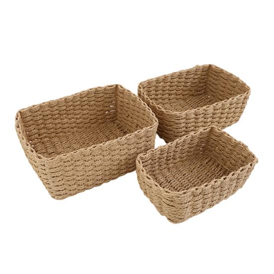 3Pcs Woven Storage Basket Natural Rattan Paper Rope Stackable Square Open Design for Kitchen Bedroom Living Room Bathroom Storage Organizers Home Tidy