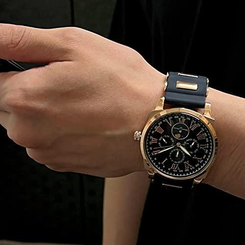 Salvatore Marra Men's Moon Phase Multi-Calendar Watch, 5 ATM Water Resistant, Business Formal Wear, Rubber Strap, Limited Edition, Blue and Pink Gold,